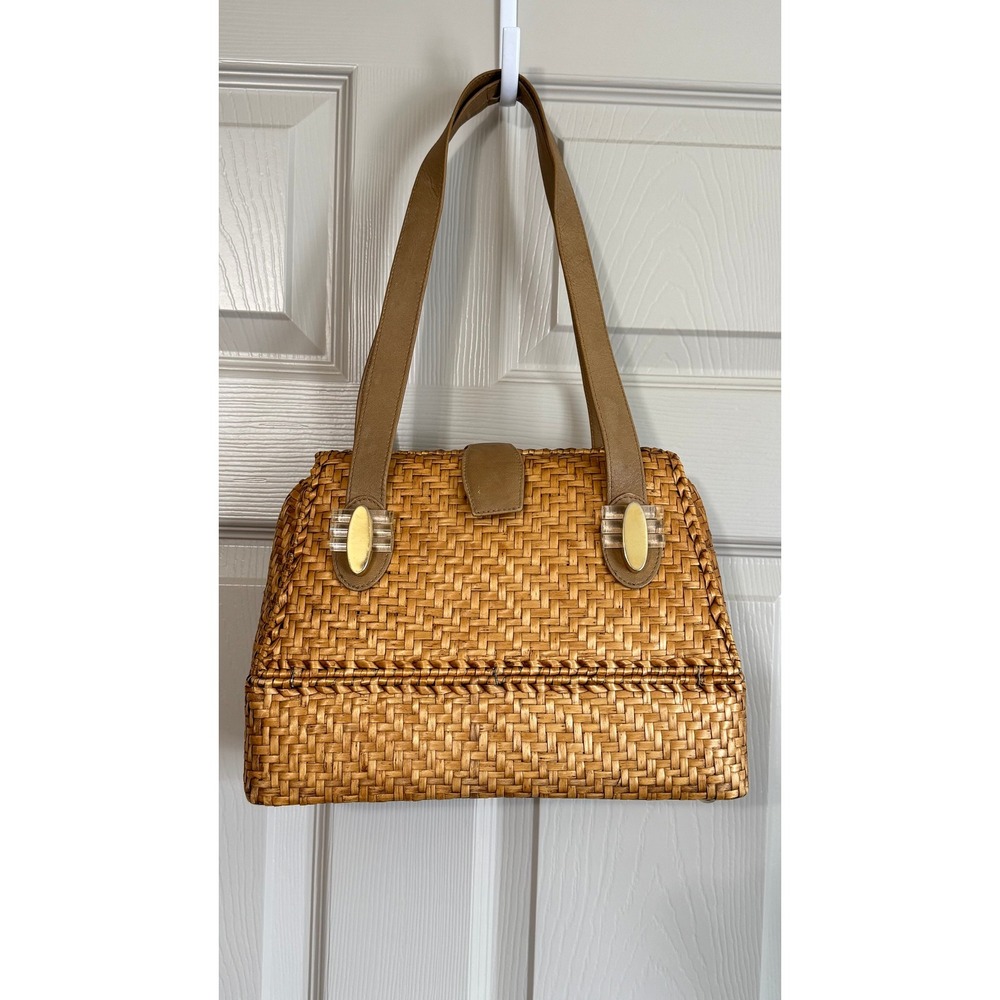 Vintage Rodo Woven Straw Handbag Tan Basketweave Lucite Gold Accents Boho Summer